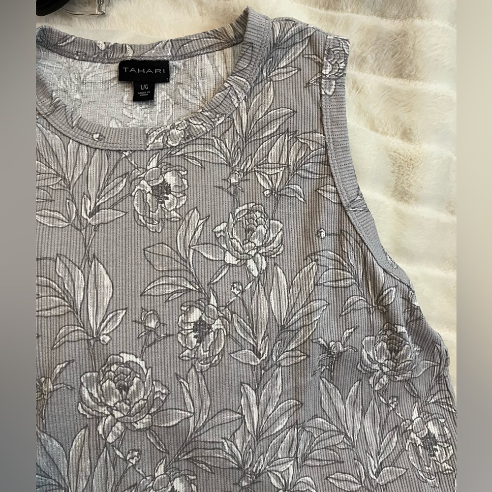 Tahari M/L Grey Floral Sleeveless Comfy Lounge Sleep Spring Travel Neutral Tank